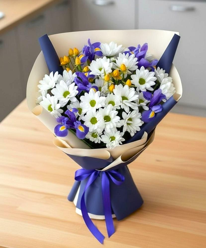 Букет цветов из: Розы, Ирисы и Хризантемы в Мандрово